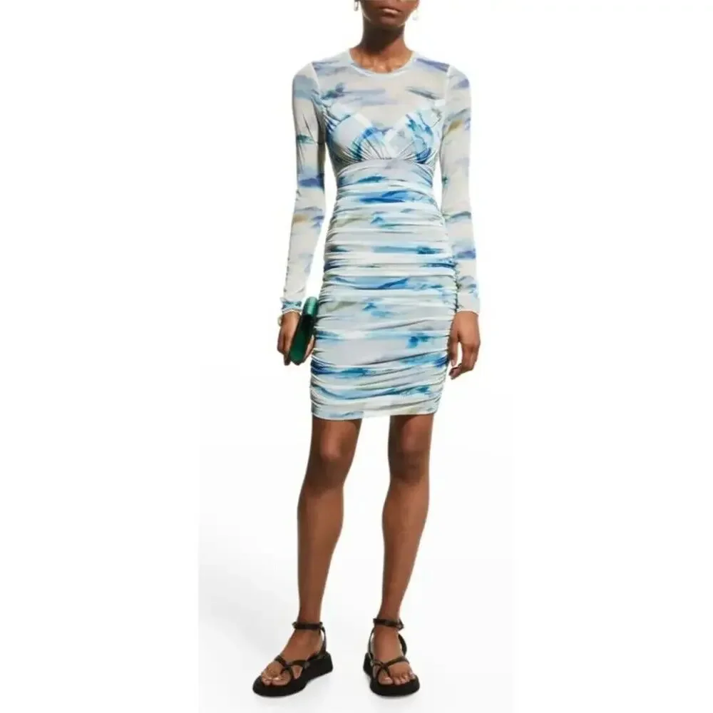 New womens sz xs jonathan simkhai nica ruched mesh watercolor print mini dress